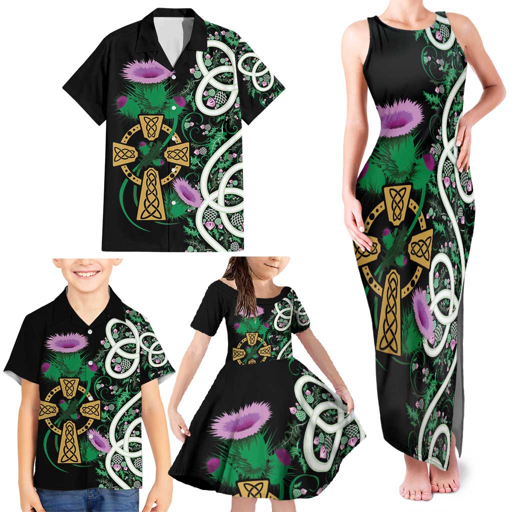 Scottish Celtic Cross Thistle Flowers Family Matching Tank Maxi Dress and Hawaiian Shirt