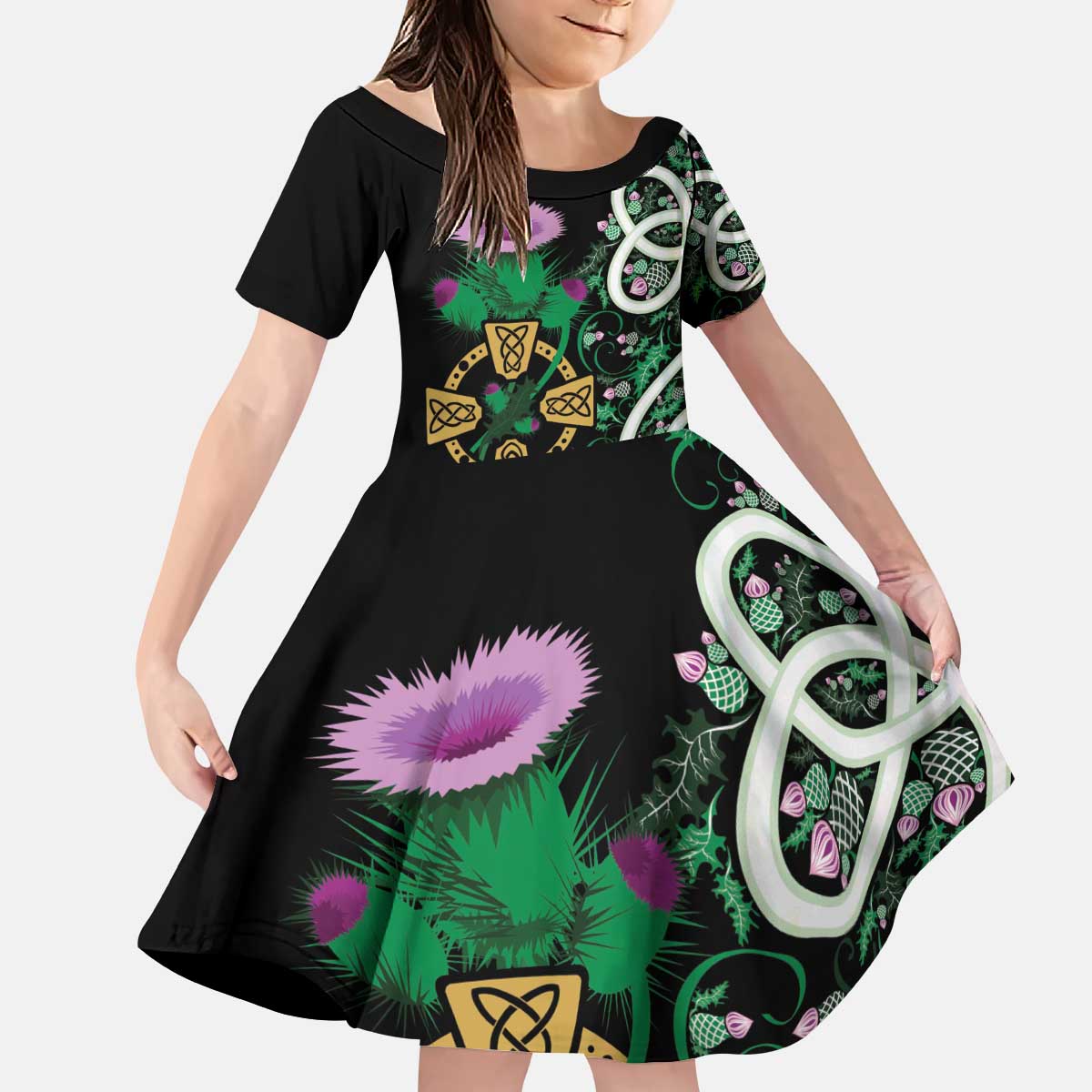 Scottish Celtic Cross Thistle Flowers Kid Short Sleeve Dress
