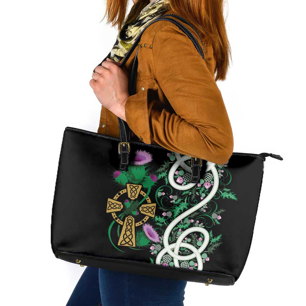 Scottish Celtic Cross Thistle Flowers Leather Tote Bag