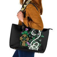 Scottish Celtic Cross Thistle Flowers Leather Tote Bag