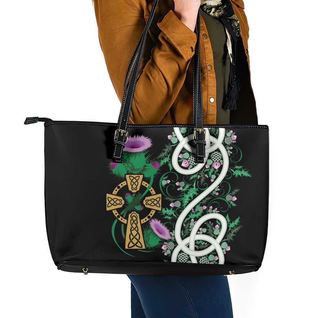 Scottish Celtic Cross Thistle Flowers Leather Tote Bag
