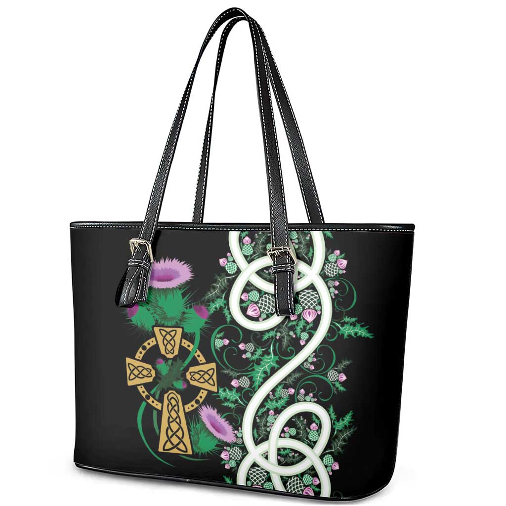 Scottish Celtic Cross Thistle Flowers Leather Tote Bag