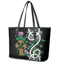 Scottish Celtic Cross Thistle Flowers Leather Tote Bag