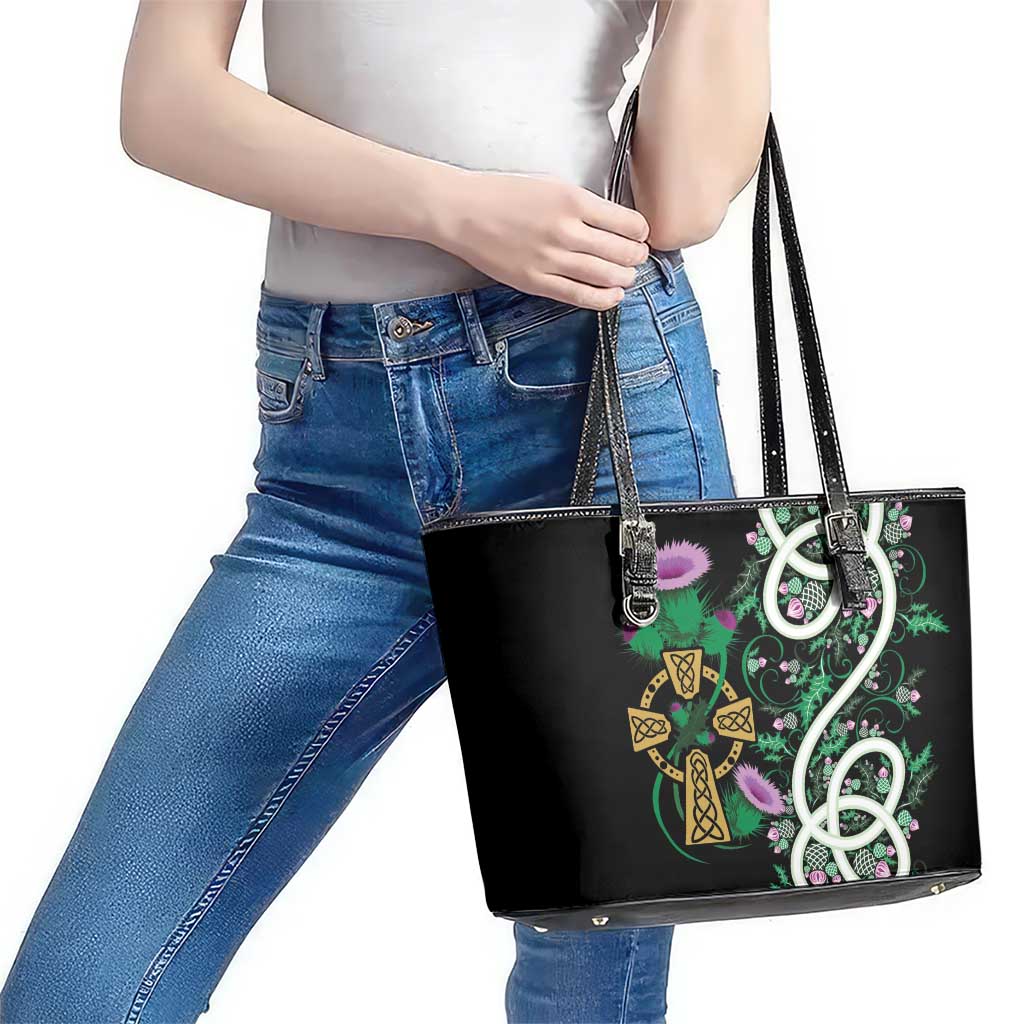 Scottish Celtic Cross Thistle Flowers Leather Tote Bag
