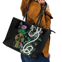 Scottish Celtic Cross Thistle Flowers Leather Tote Bag