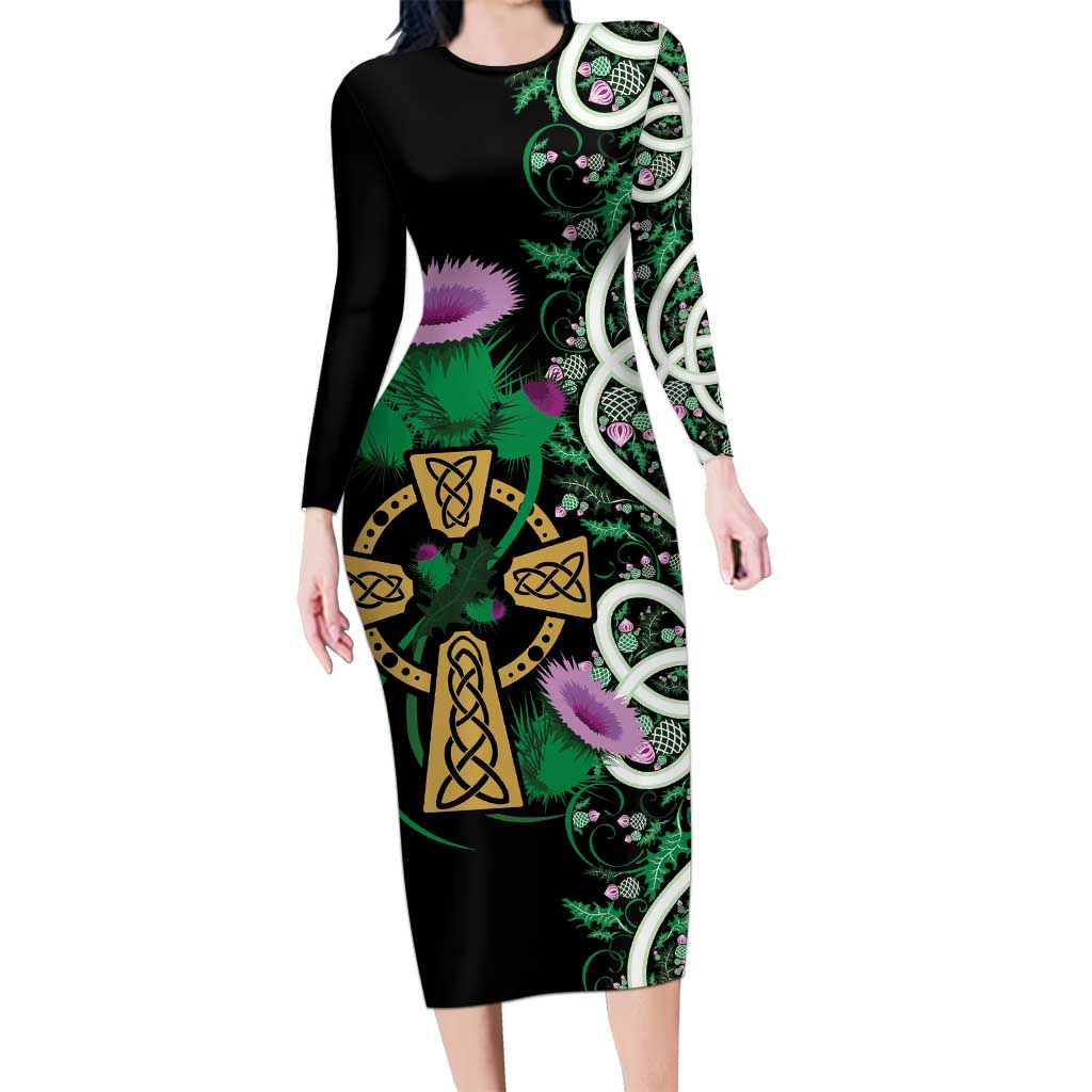 Scottish Celtic Cross Thistle Flowers Long Sleeve Bodycon Dress