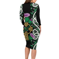 Scottish Celtic Cross Thistle Flowers Long Sleeve Bodycon Dress