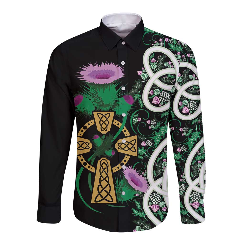 Scottish Celtic Cross Thistle Flowers Long Sleeve Button Shirt