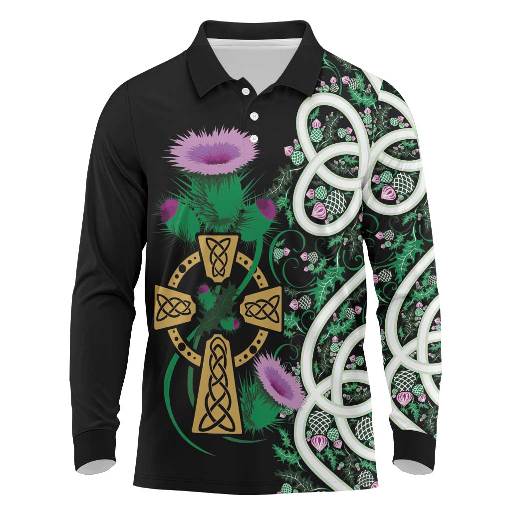 Scottish Celtic Cross Thistle Flowers Long Sleeve Polo Shirt