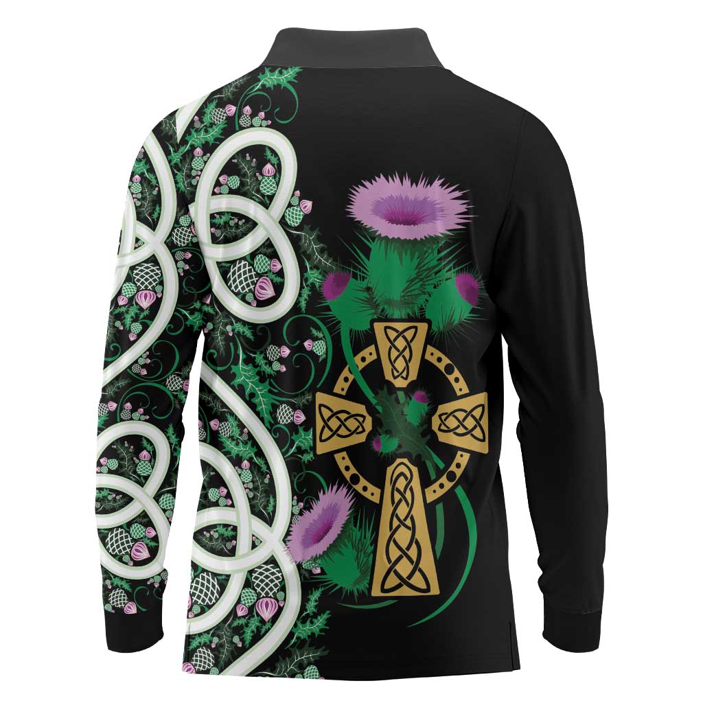Scottish Celtic Cross Thistle Flowers Long Sleeve Polo Shirt