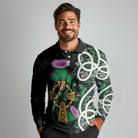 Scottish Celtic Cross Thistle Flowers Long Sleeve Polo Shirt