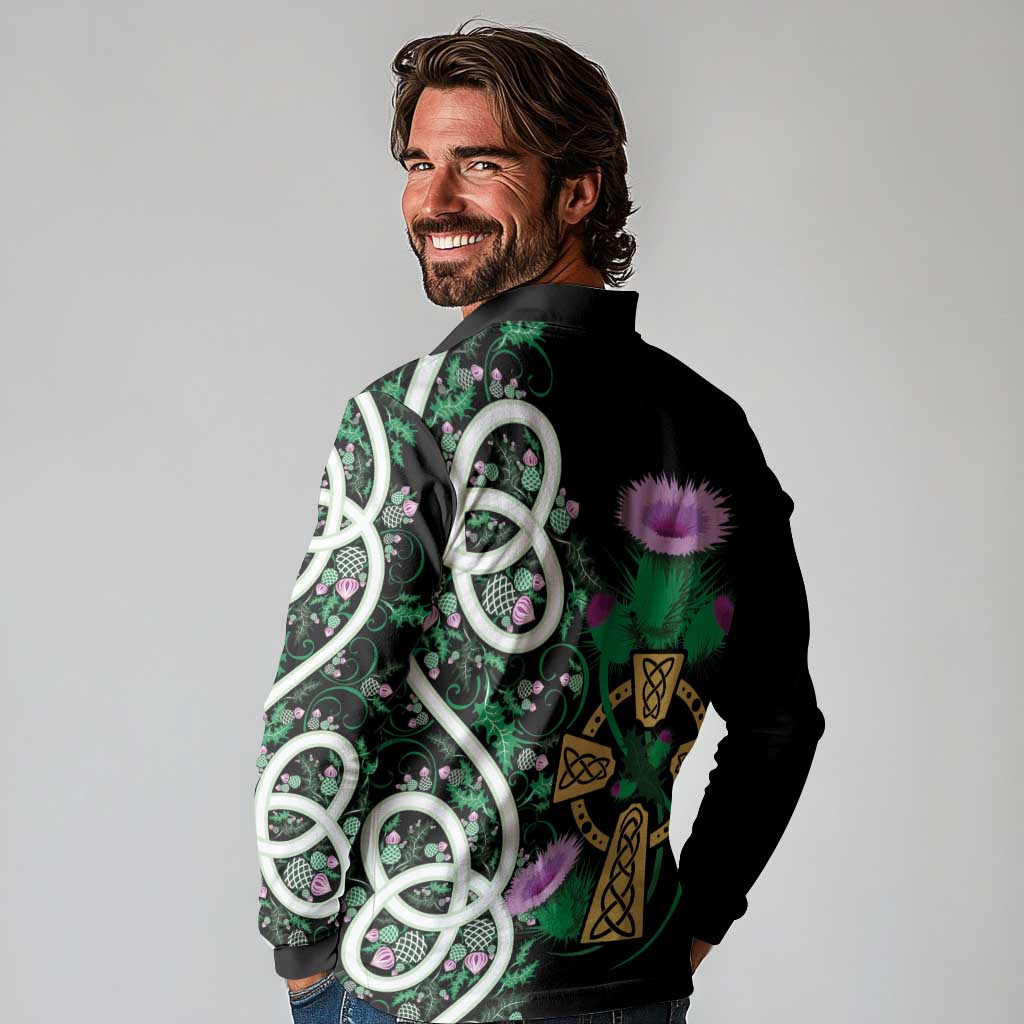 Scottish Celtic Cross Thistle Flowers Long Sleeve Polo Shirt
