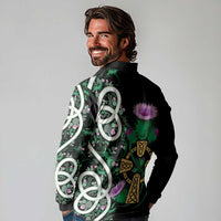 Scottish Celtic Cross Thistle Flowers Long Sleeve Polo Shirt