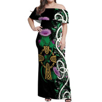 Scottish Celtic Cross Thistle Flowers Off Shoulder Maxi Dress