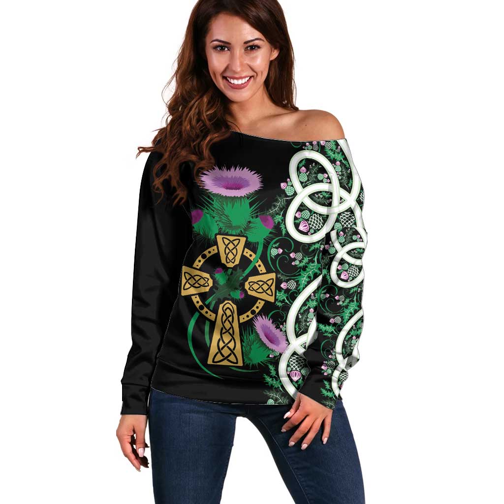 Scottish Celtic Cross Thistle Flowers Off Shoulder Sweater