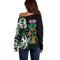 Scottish Celtic Cross Thistle Flowers Off Shoulder Sweater
