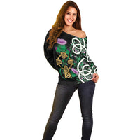 Scottish Celtic Cross Thistle Flowers Off Shoulder Sweater