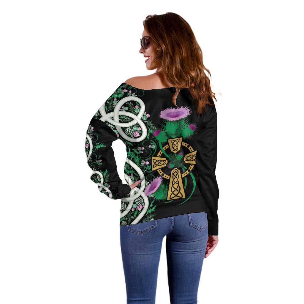Scottish Celtic Cross Thistle Flowers Off Shoulder Sweater