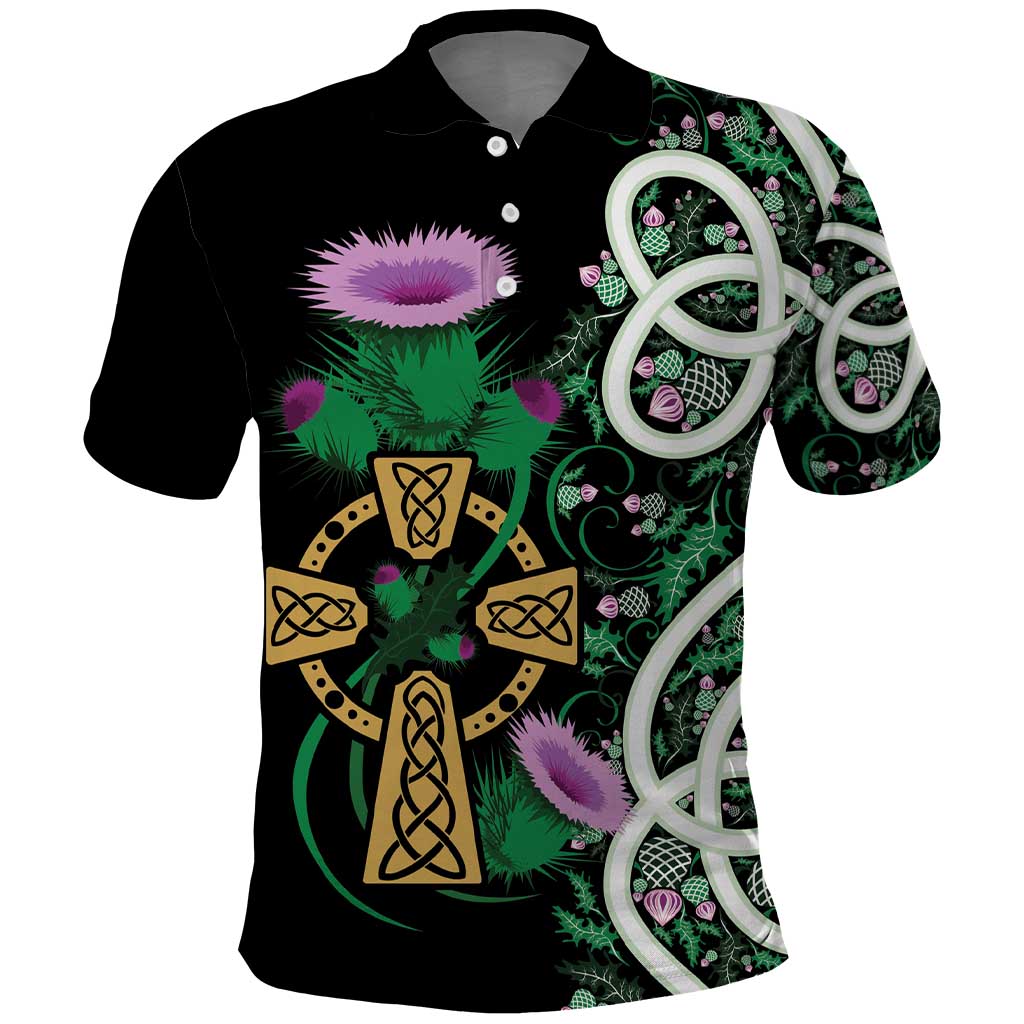 Scottish Celtic Cross Thistle Flowers Polo Shirt