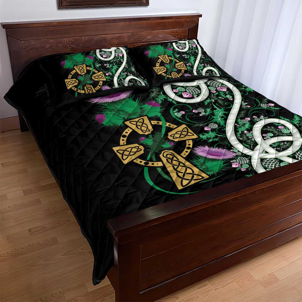 Scottish Celtic Cross Thistle Flowers Quilt Bed Set