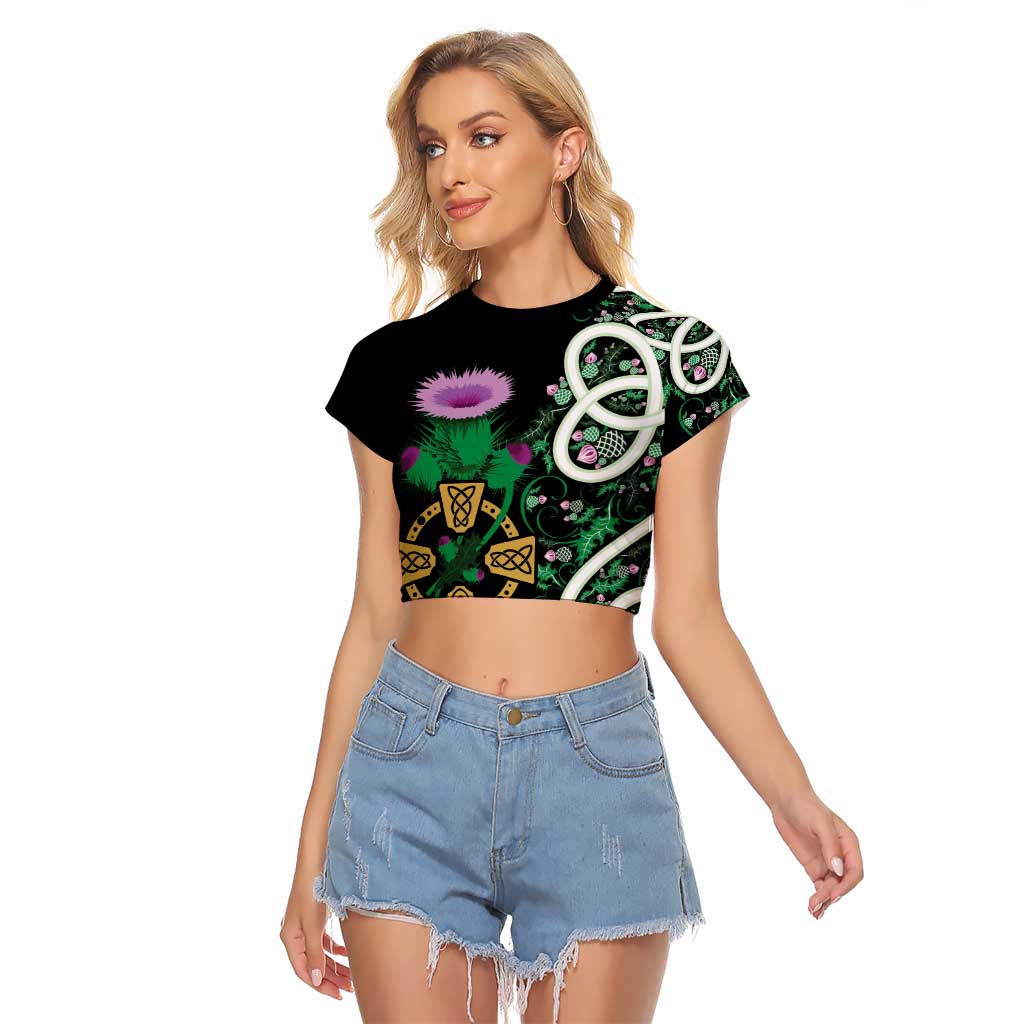 Scottish Celtic Cross Thistle Flowers Raglan Cropped T Shirt