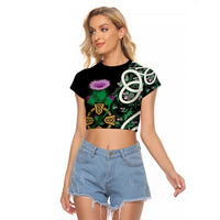 Scottish Celtic Cross Thistle Flowers Raglan Cropped T Shirt