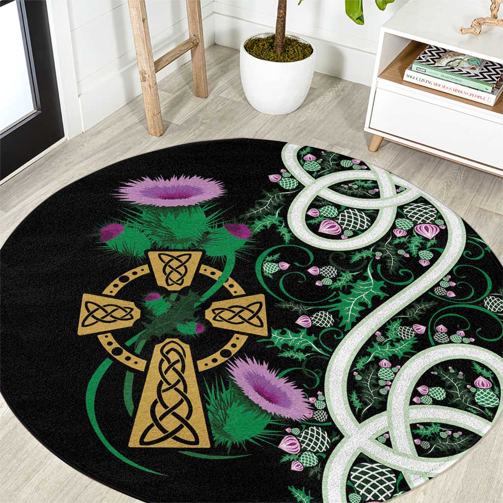 Scottish Celtic Cross Thistle Flowers Round Carpet