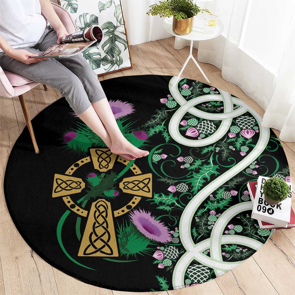 Scottish Celtic Cross Thistle Flowers Round Carpet