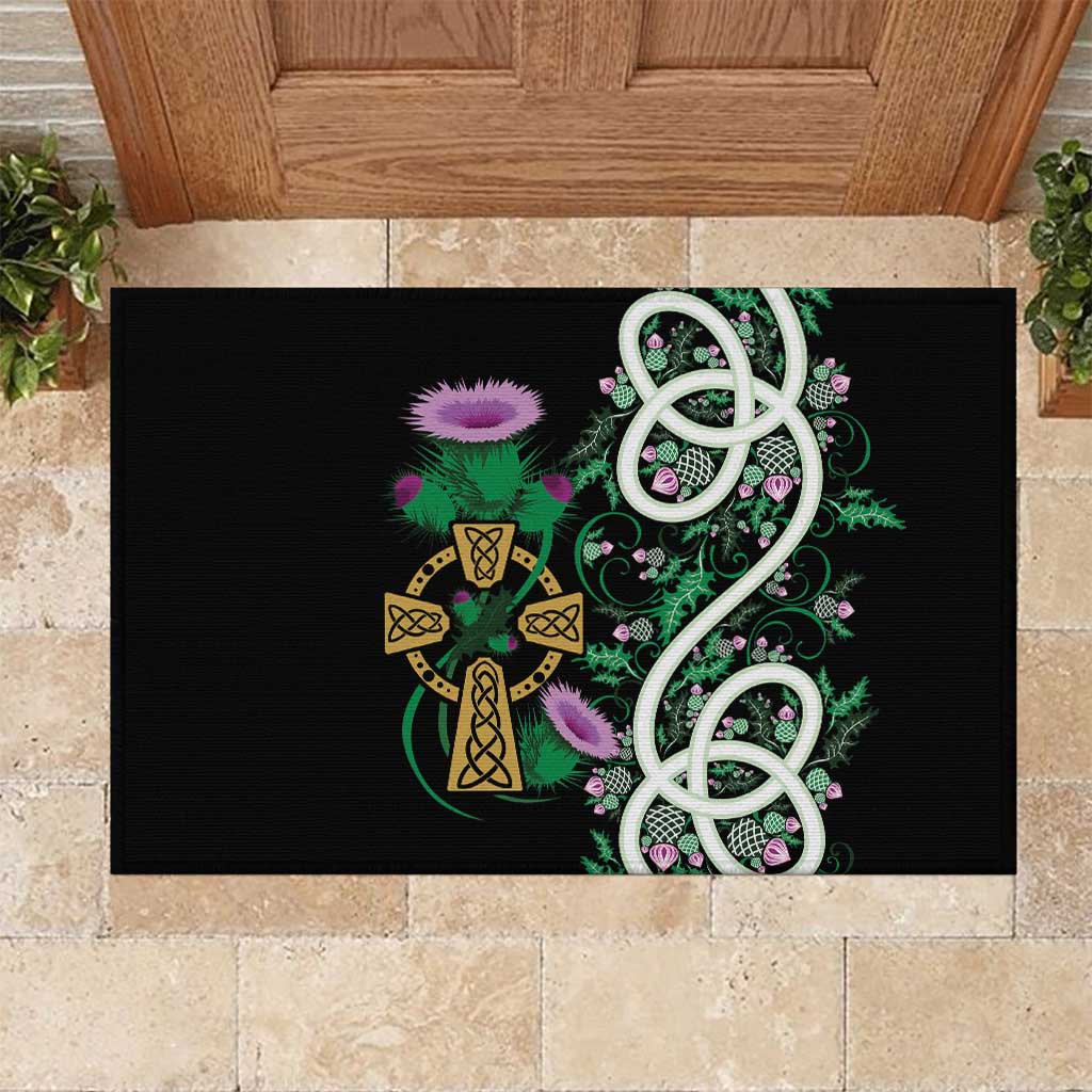 Scottish Celtic Cross Thistle Flowers Rubber Doormat