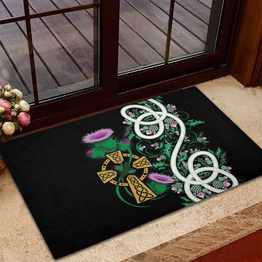 Scottish Celtic Cross Thistle Flowers Rubber Doormat