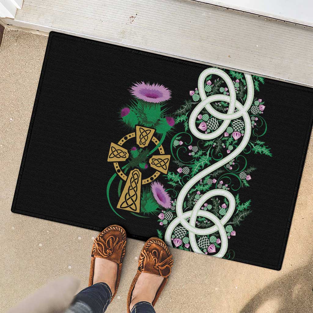 Scottish Celtic Cross Thistle Flowers Rubber Doormat