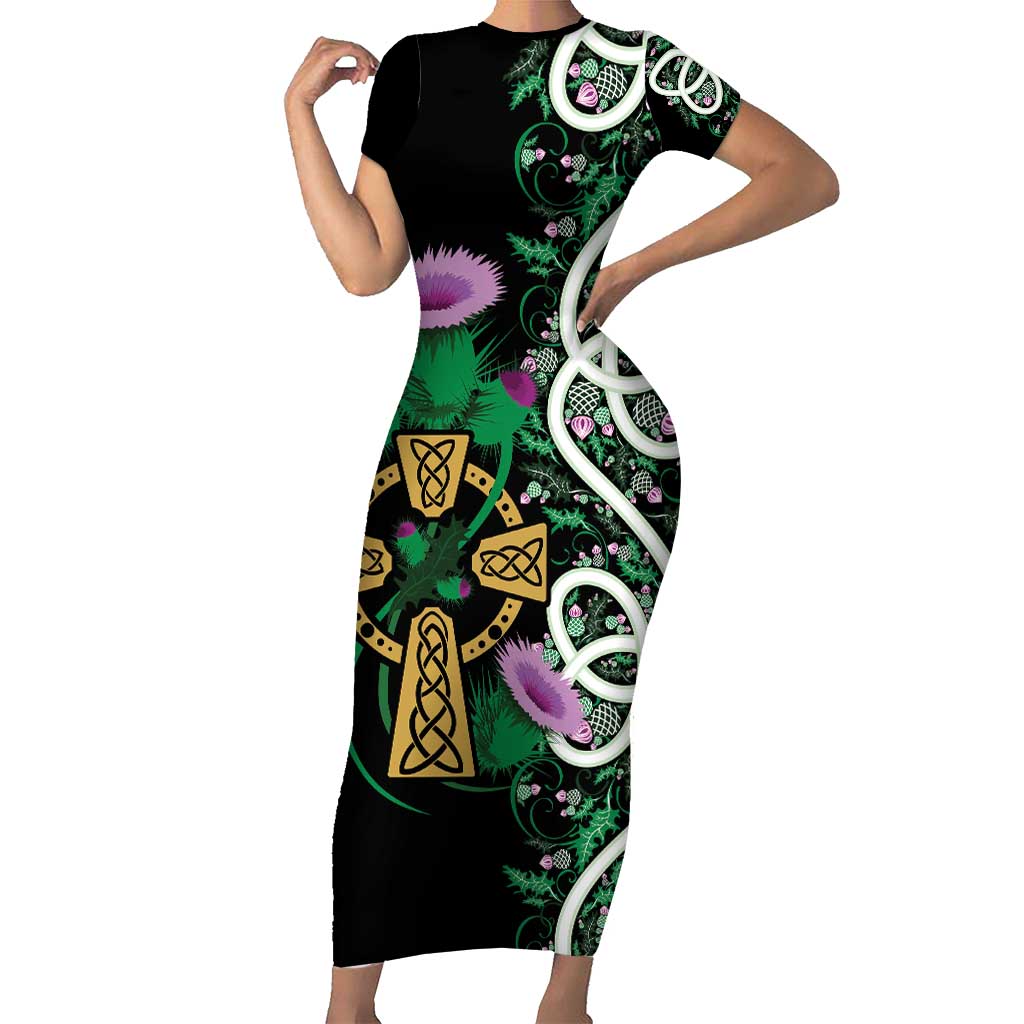 Scottish Celtic Cross Thistle Flowers Short Sleeve Bodycon Dress
