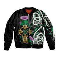 Scottish Celtic Cross Thistle Flowers Sleeve Zip Bomber Jacket