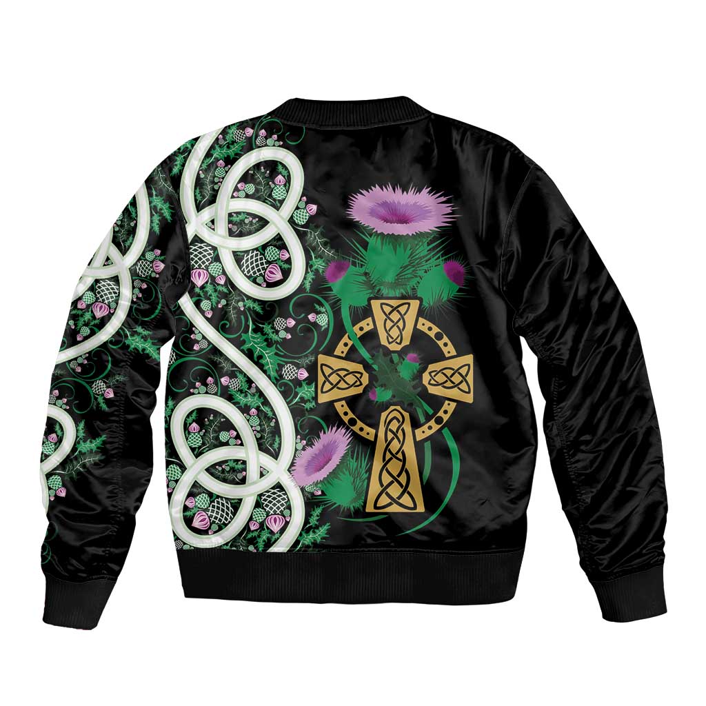 Scottish Celtic Cross Thistle Flowers Sleeve Zip Bomber Jacket