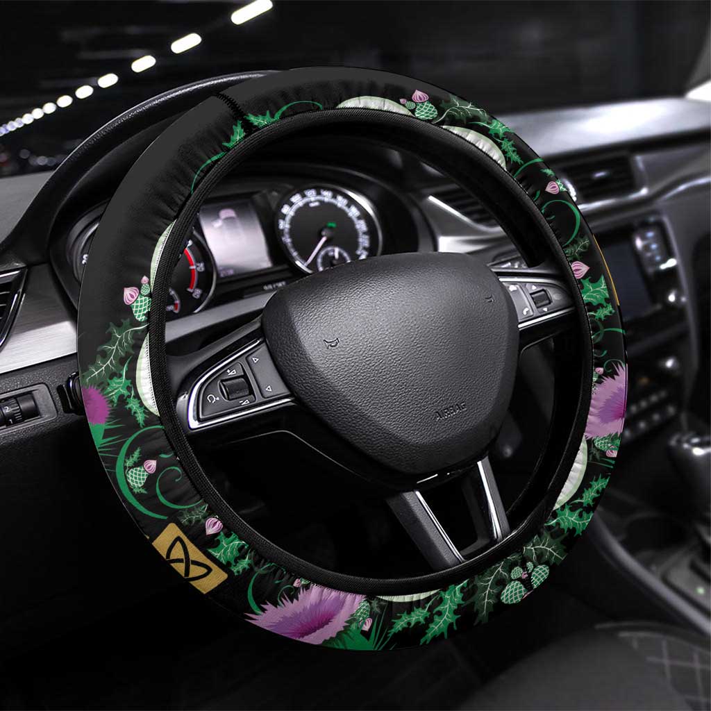 Scottish Celtic Cross Thistle Flowers Steering Wheel Cover
