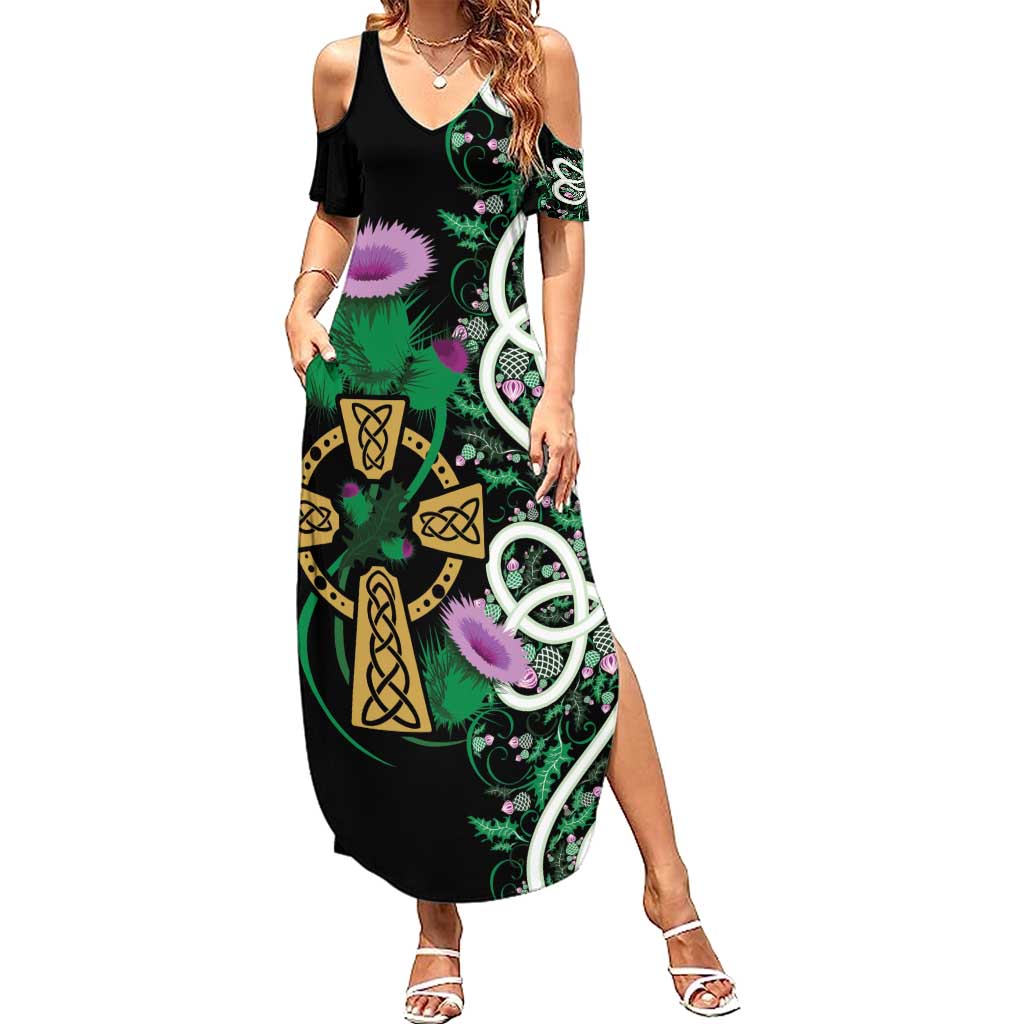Scottish Celtic Cross Thistle Flowers Summer Maxi Dress