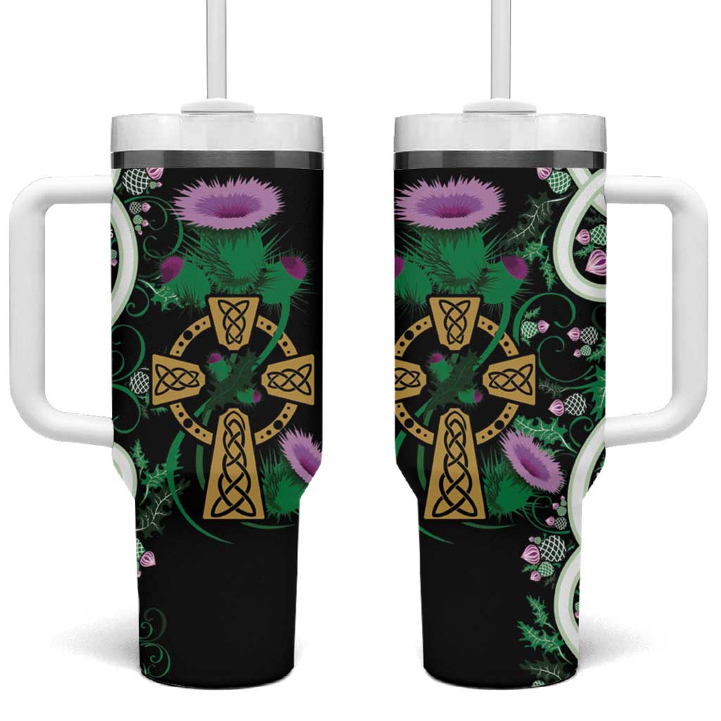 Scottish Celtic Cross Thistle Flowers Tumbler With Handle