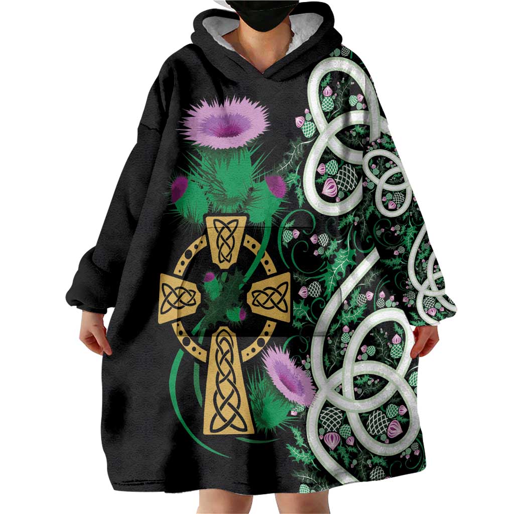 Scottish Celtic Cross Thistle Flowers Wearable Blanket Hoodie