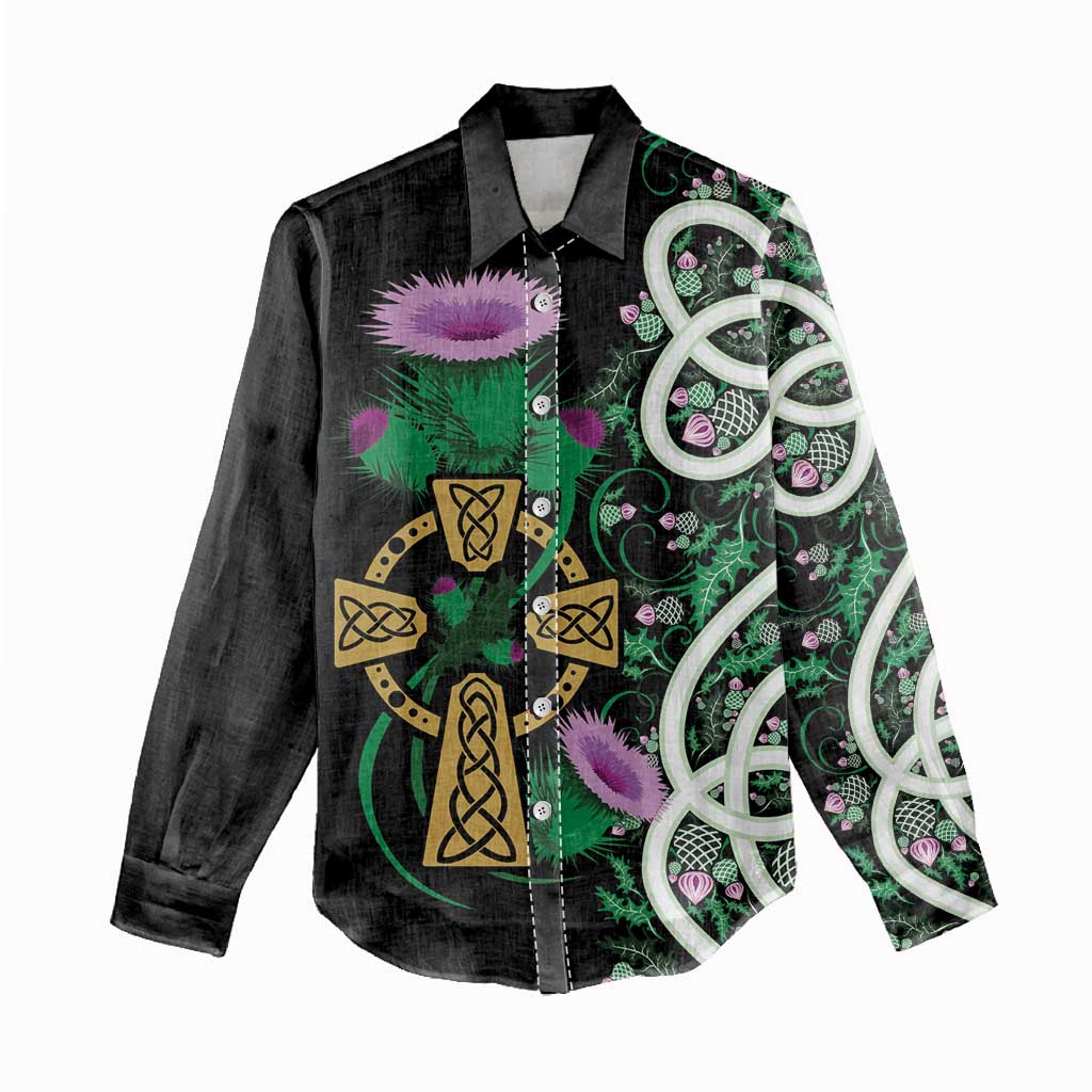 Scottish Celtic Cross Thistle Flowers Women Casual Shirt