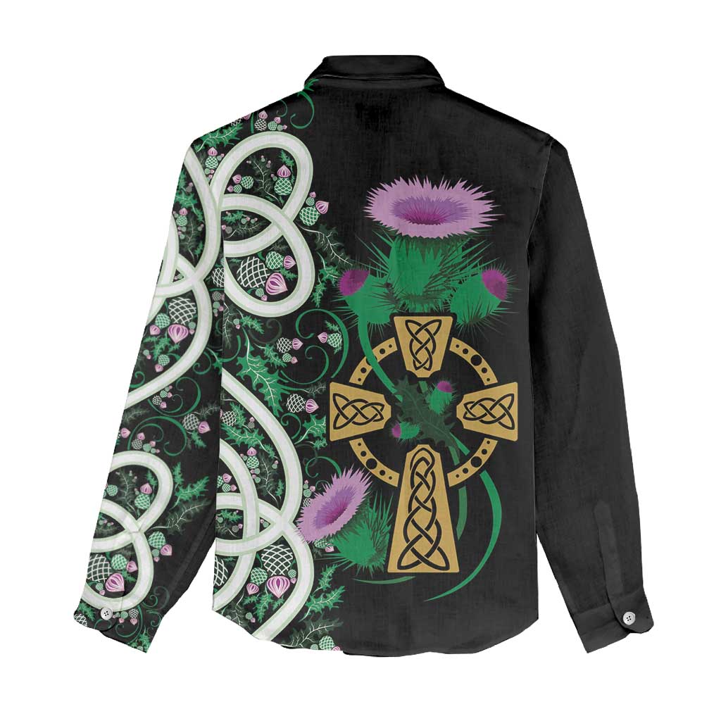 Scottish Celtic Cross Thistle Flowers Women Casual Shirt