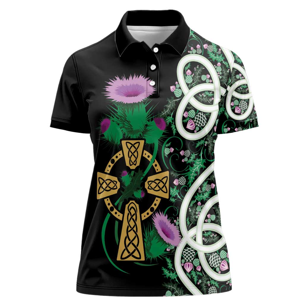 Scottish Celtic Cross Thistle Flowers Women Polo Shirt