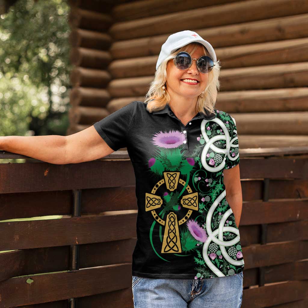 Scottish Celtic Cross Thistle Flowers Women Polo Shirt