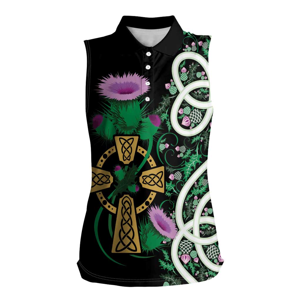 Scottish Celtic Cross Thistle Flowers Women Sleeveless Polo Shirt