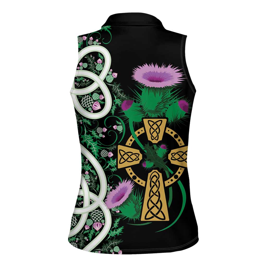 Scottish Celtic Cross Thistle Flowers Women Sleeveless Polo Shirt