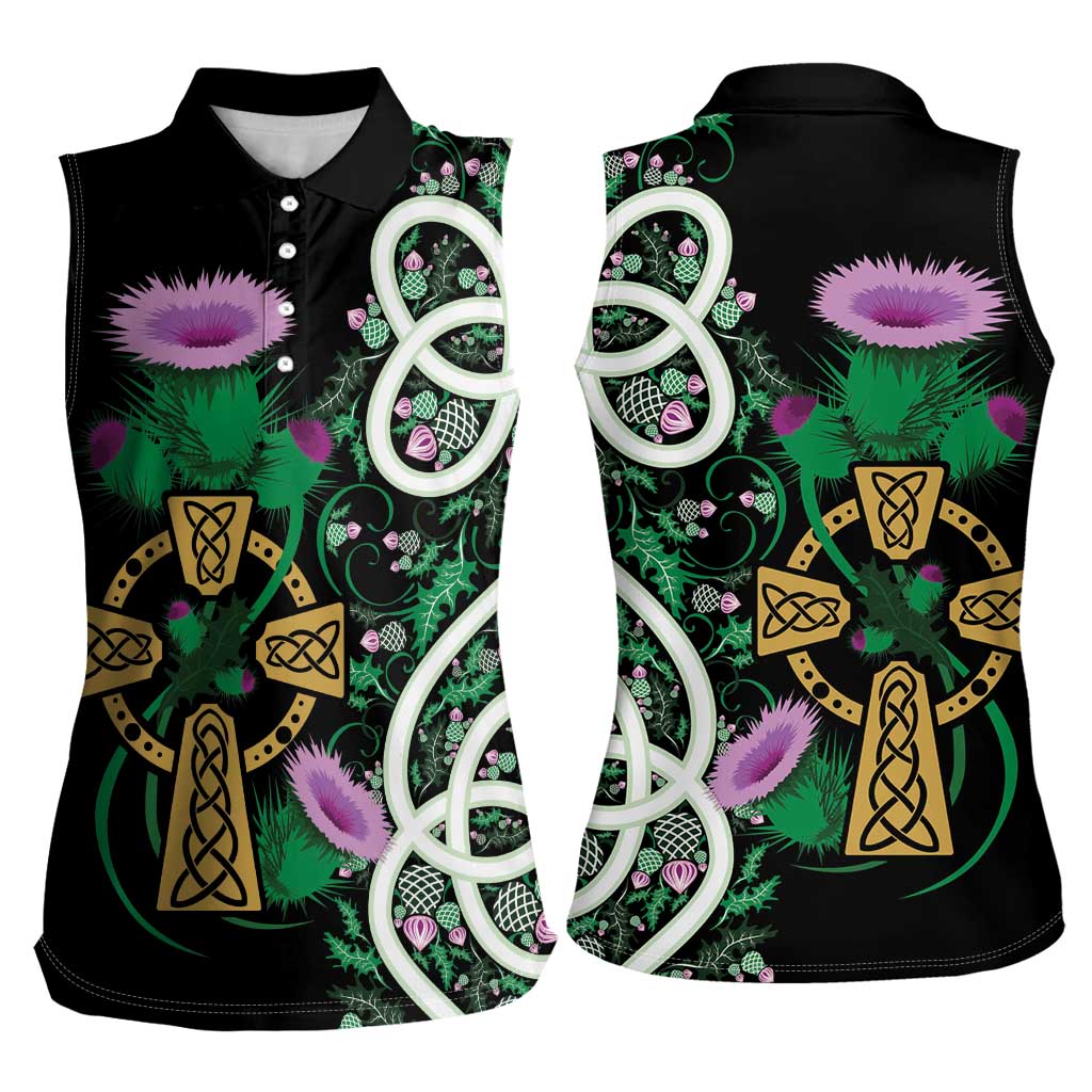 Scottish Celtic Cross Thistle Flowers Women Sleeveless Polo Shirt