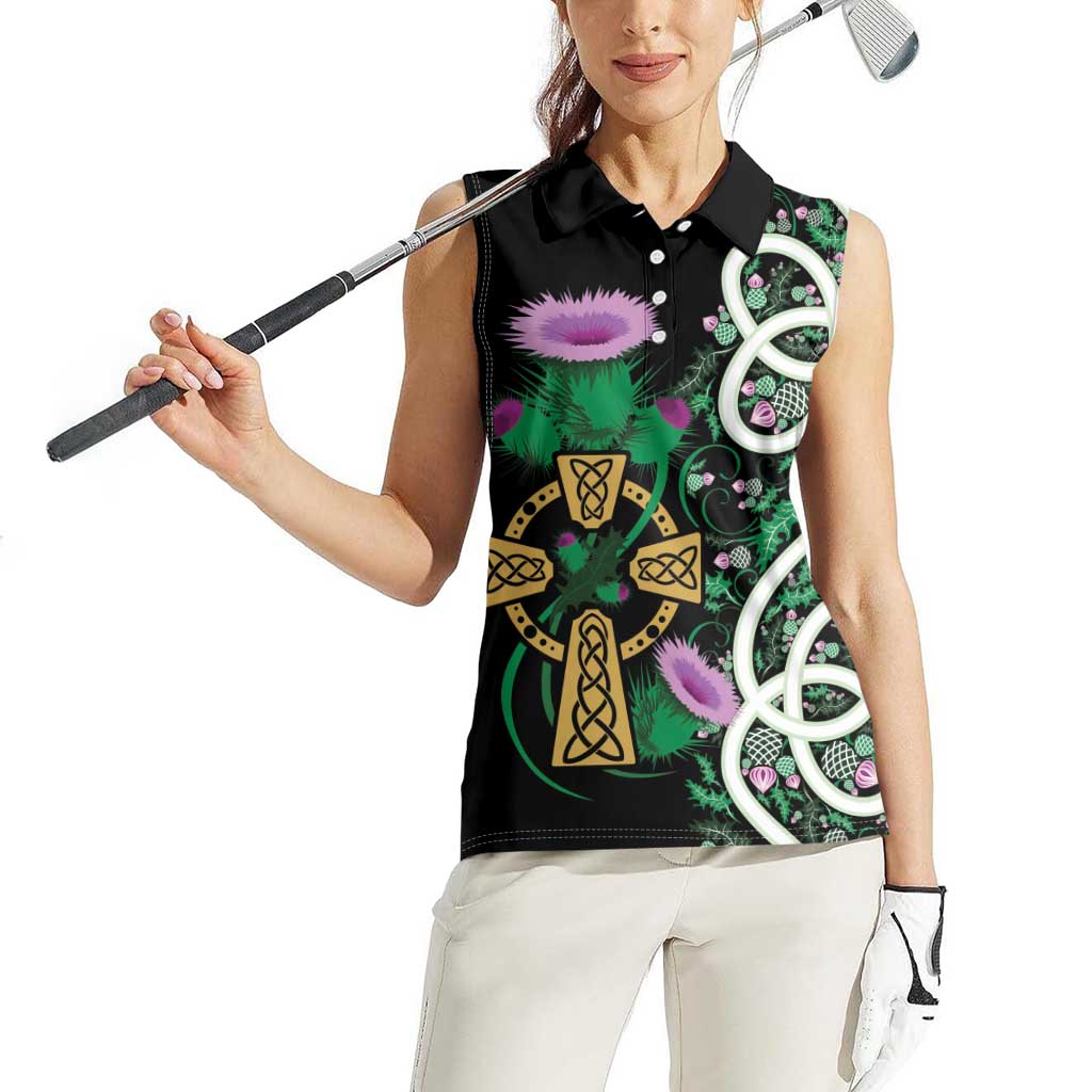 Scottish Celtic Cross Thistle Flowers Women Sleeveless Polo Shirt