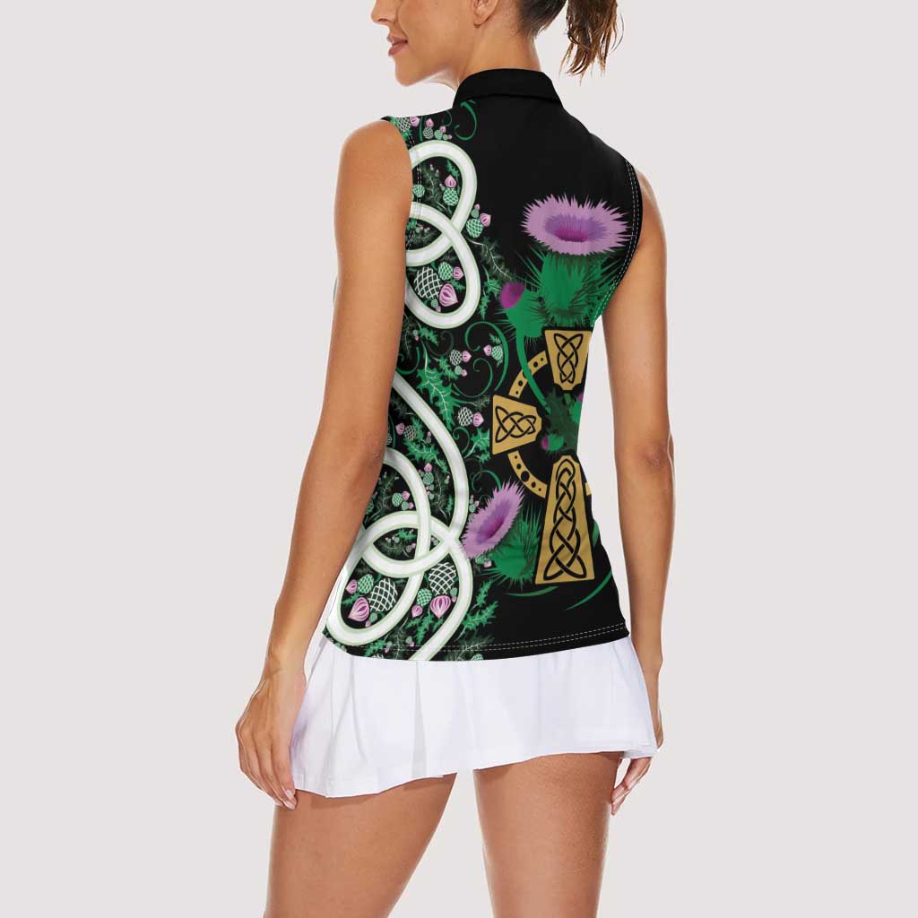 Scottish Celtic Cross Thistle Flowers Women Sleeveless Polo Shirt