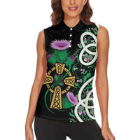 Scottish Celtic Cross Thistle Flowers Women Sleeveless Polo Shirt