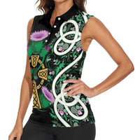 Scottish Celtic Cross Thistle Flowers Women Sleeveless Polo Shirt