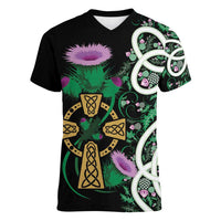 Scottish Celtic Cross Thistle Flowers Women V-Neck T-Shirt